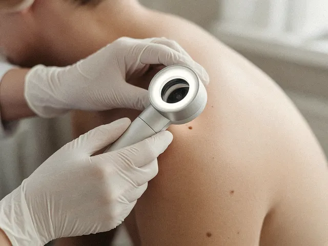 Mãos de luvas segurando o dermatoscópio sobre uma pinta nas costas