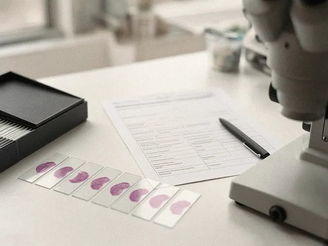 Lâminas de microscópio com cortes de pele corados, ao lado de um laudo